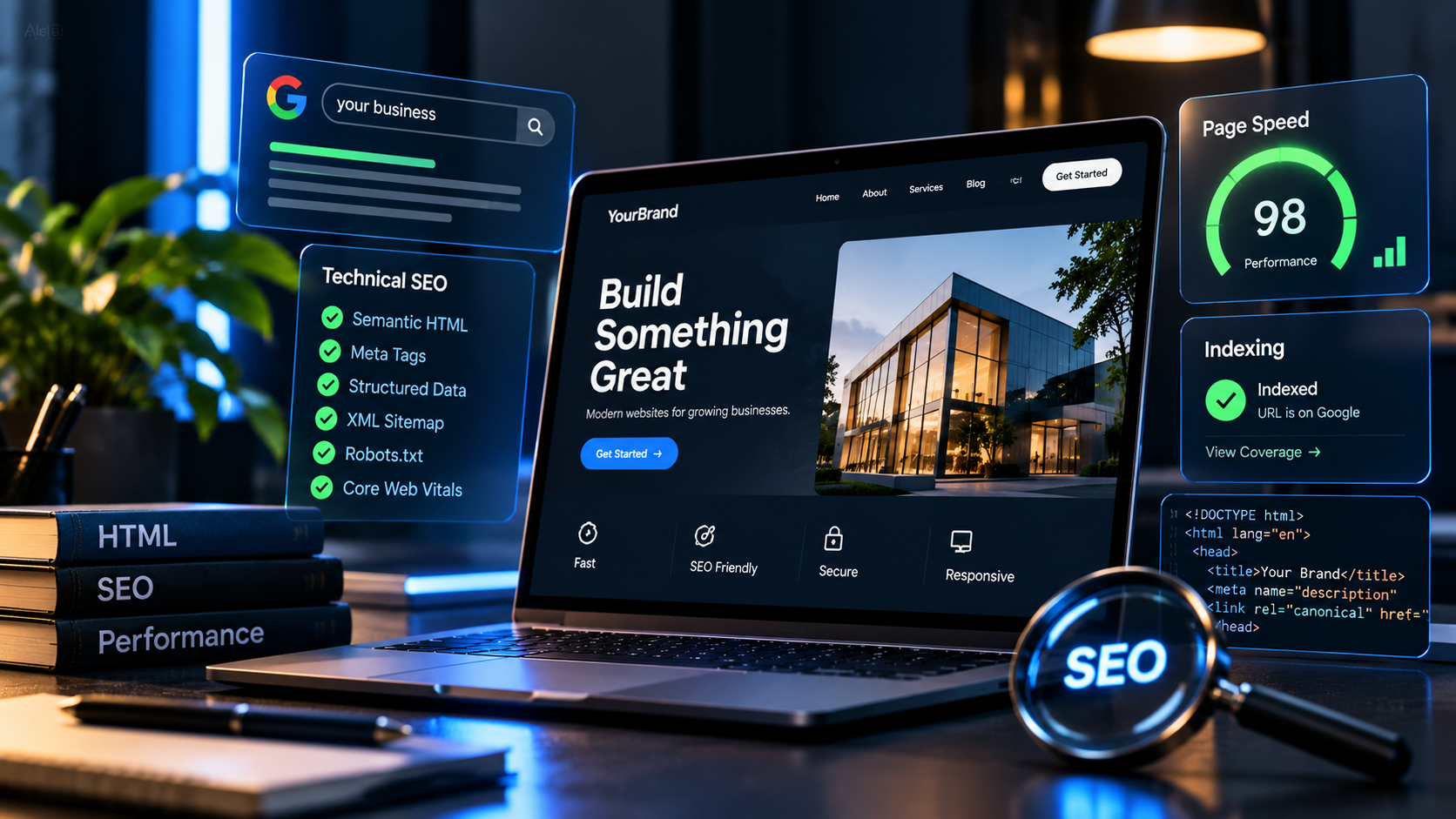 Technical SEO workspace showing website performance, indexing, semantic HTML and search visibility